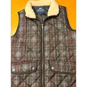 British Khaki Quilted Plaid Vest Sherpa CollarSz S preppy equestrian
